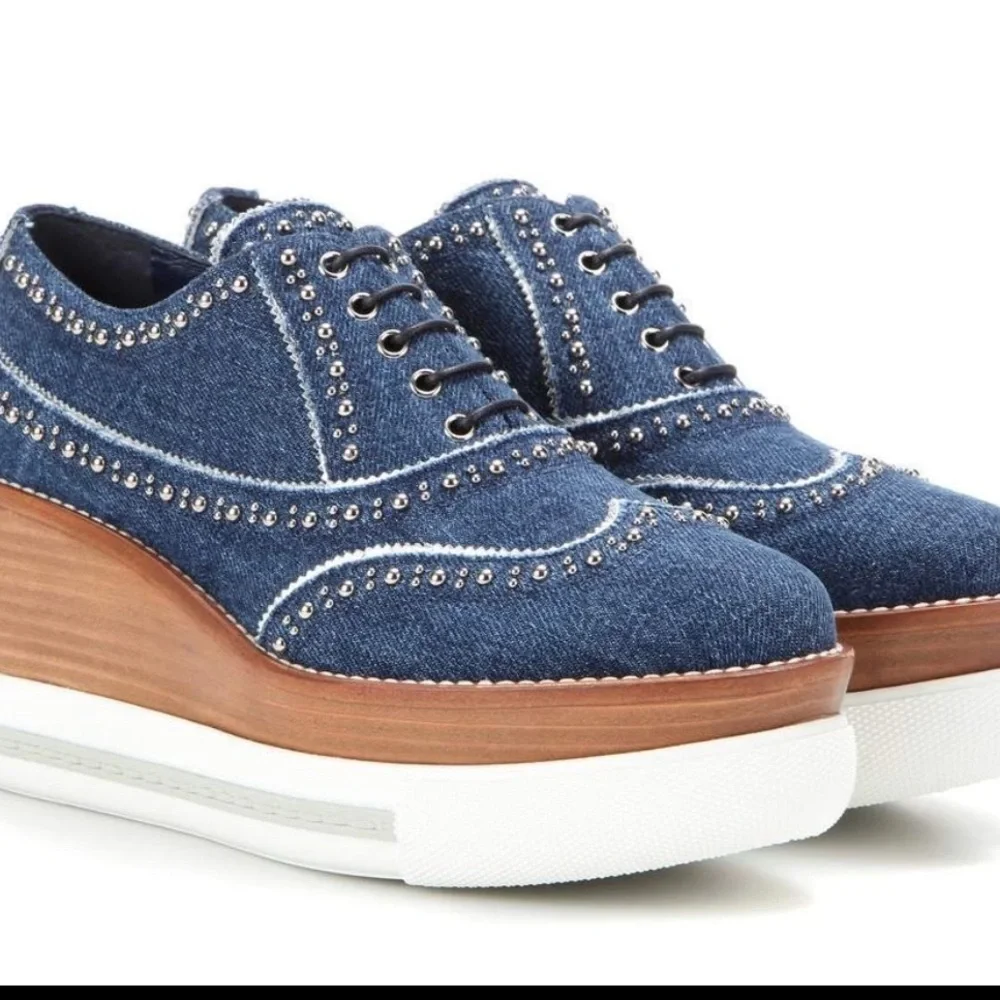 Miu Miu RARE DENIM PLATFORM Studded Wingtip Oxfords SNEAKERS  SHOES 7.5
